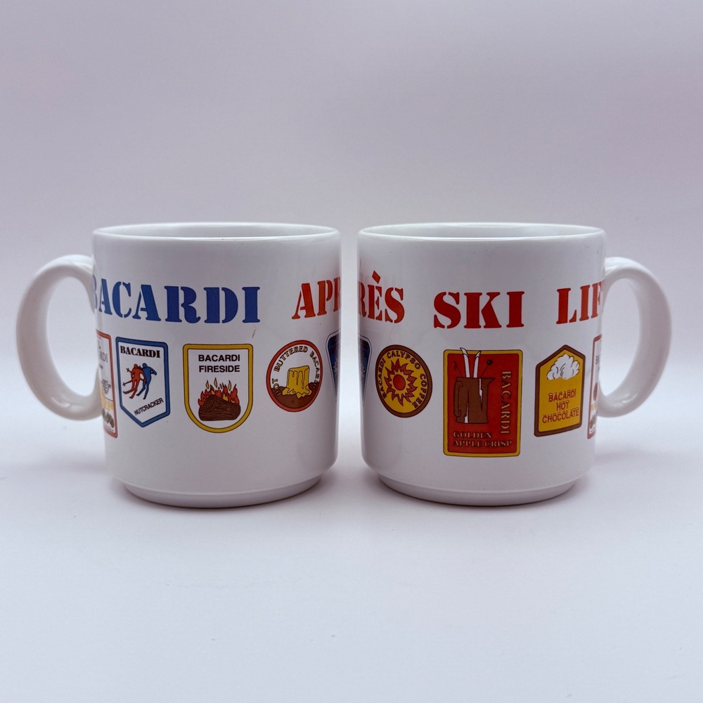 Vintage 1991 Bacardi Rum Apres Ski Life Mugs Set of 2 Made in England‎ White 90s